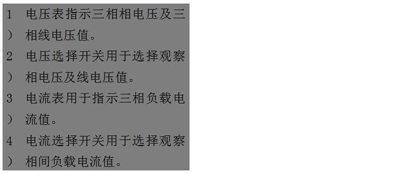 文本框: 1）	電壓表指示三相相電壓及三相線電壓值。
2）	電壓選擇開關(guān)用于選擇觀察相電壓及線電壓值。
3）	電流表用于指示三相負(fù)載電流值。
4）	電流選擇開關(guān)用于選擇觀察相間負(fù)載電流值。
5）	運(yùn)行時(shí)間表用于指示柴油發(fā)電機(jī)組的累計(jì)運(yùn)行時(shí)間。
6）	機(jī)油壓力表用于指示機(jī)組運(yùn)行時(shí)的機(jī)油壓讀數(shù)。
7）	水溫表用于指示冷卻液溫度數(shù)值。
8）	頻率/轉(zhuǎn)速表用于指示輸出電力的頻率和機(jī)組的轉(zhuǎn)速。
9）	電池電壓表用于指示電池的充電電壓。

